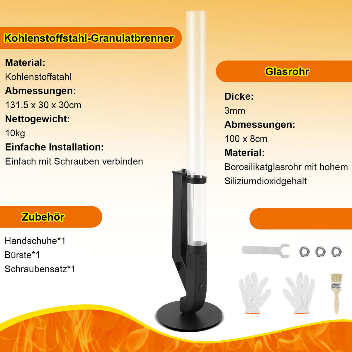 Pellet-Feuersäule mit Glasrohr 131,5 cm – Pelletfackel für Garten & Terrasse
