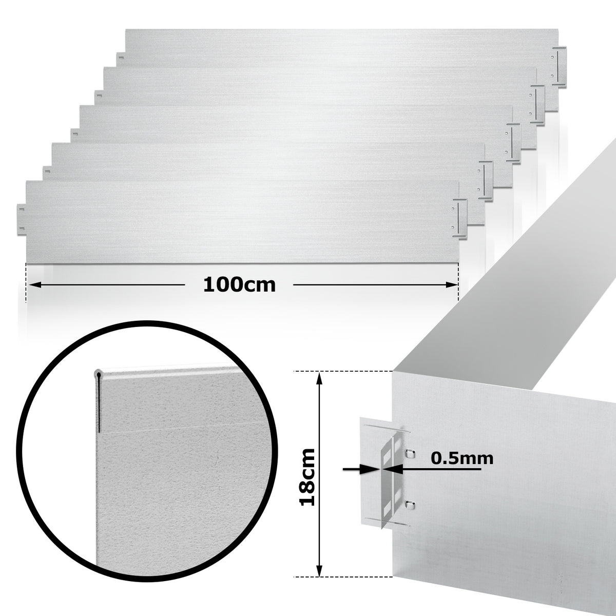 Rasenkante aus verzinktem Metall 15/18 cm hoch – 5–50 m, Silber oder Schwarz