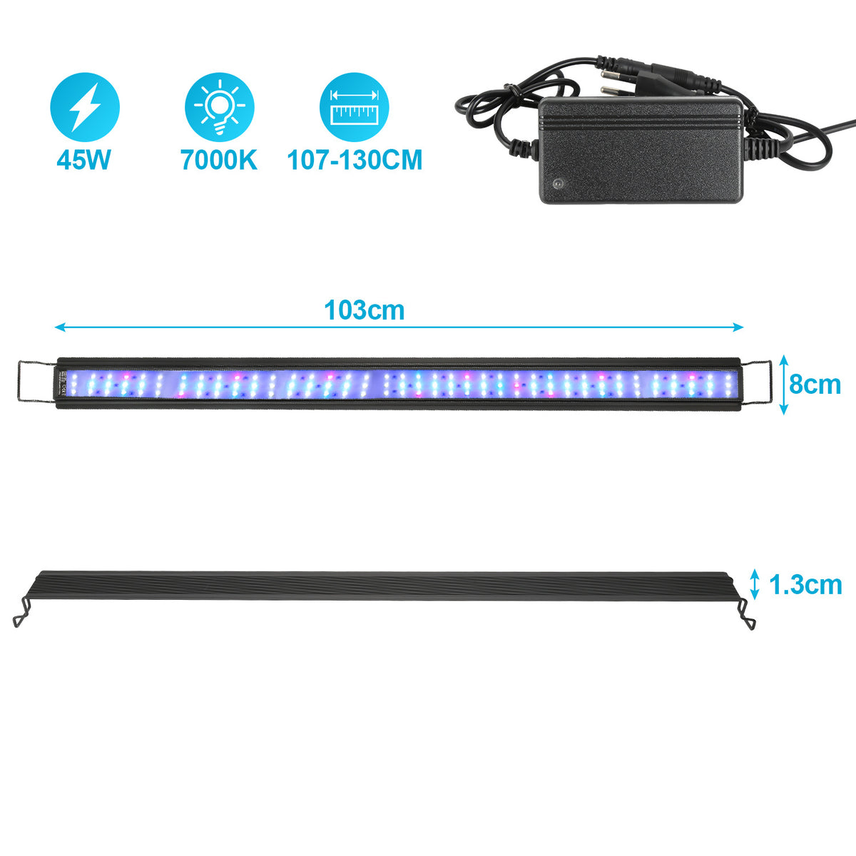 LED Aquariumbeleuchtung Vollspektrum mit Timer – 10–45 W, 30–130 cm