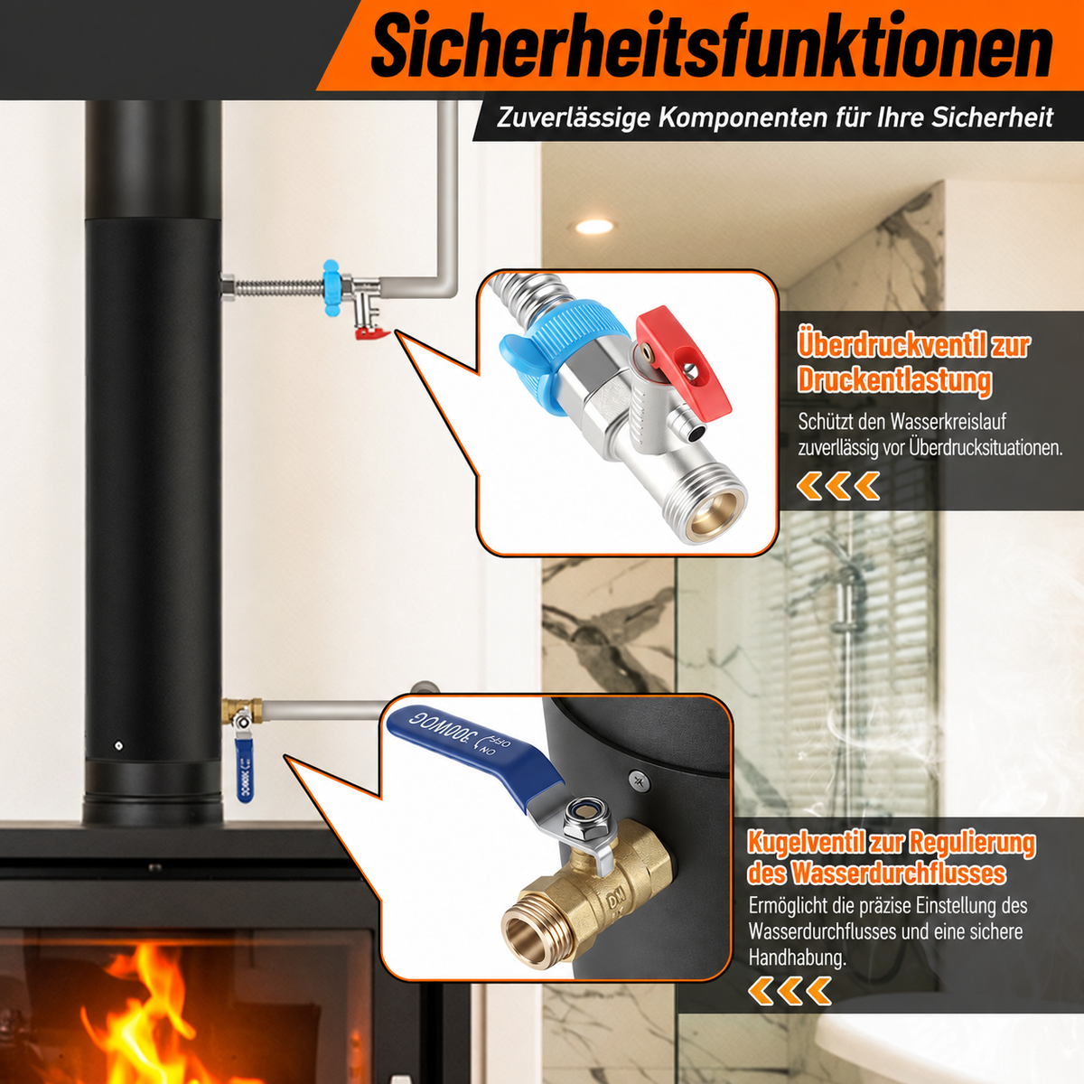 Überdruckventil und Kugelventil am Rauchrohr-Wärmetauscher