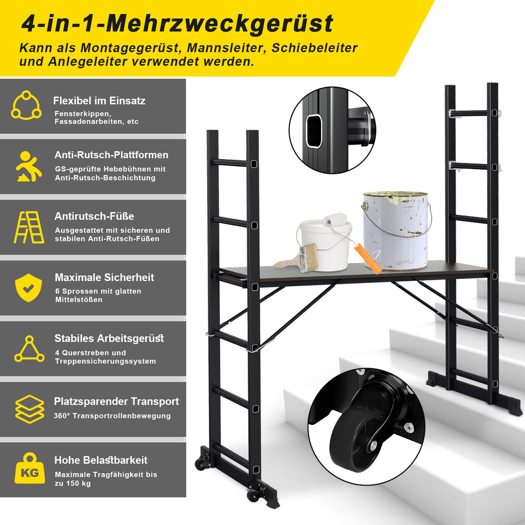 Cecaylie 4-in-1 Mehrzweckleiter 2×6 Sprossen mit Arbeitsplattform, Aluminium, 150 kg