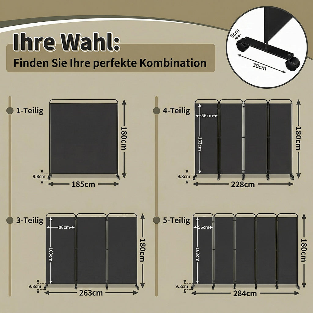 Cecaylie Paravent mit Rollen, faltbarer Raumteiler 180 cm hoch, Sichtschutz mit Bremsen, 4 Größen