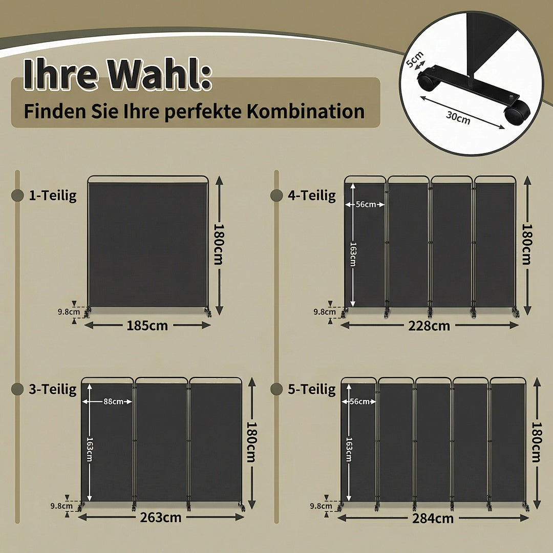 Cecaylie Paravent mit Rollen, faltbarer Raumteiler 180 cm hoch, Sichtschutz mit Bremsen, 4 Größen