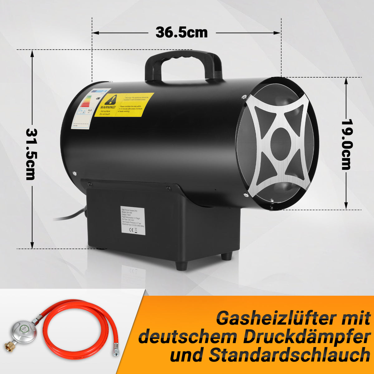 Gasheizgebläse 10/15/30 kW mit Gasschlauch & Druckminderer