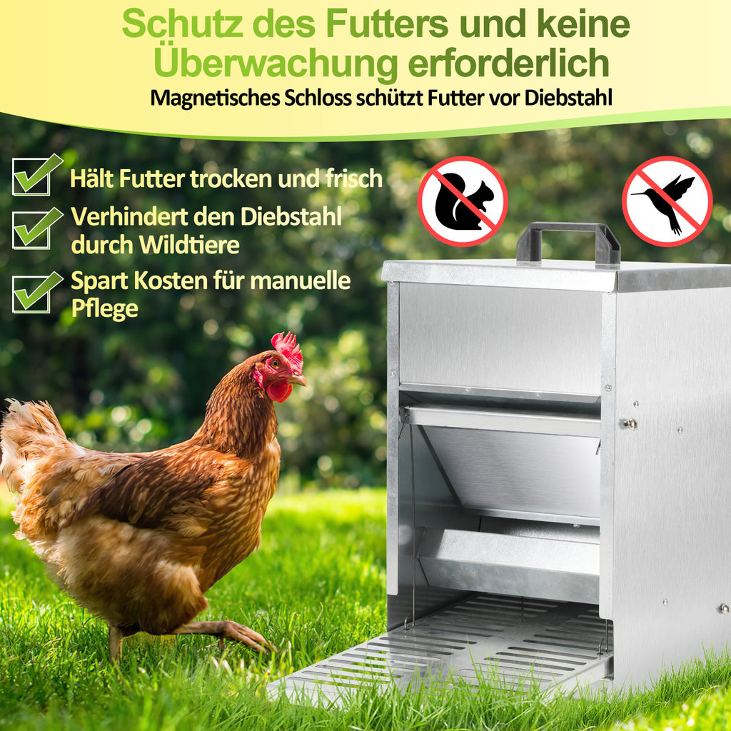 Trittbetriebener Hühnerfutterautomat mit abgedecktem Futterbehälter