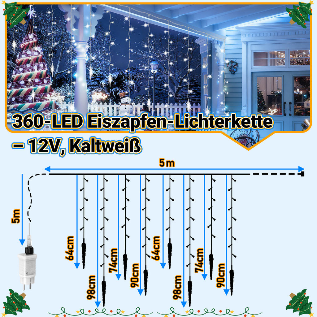 LED Eisregen Lichterkette 360LED Weihnachtsbeleuchtung