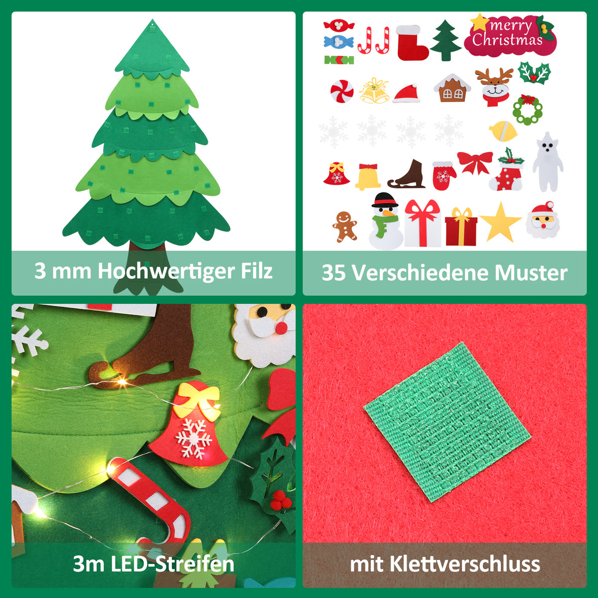DIY Filz-Weihnachtsbaum 105 cm mit 33 Ornamenten & 30 LEDs