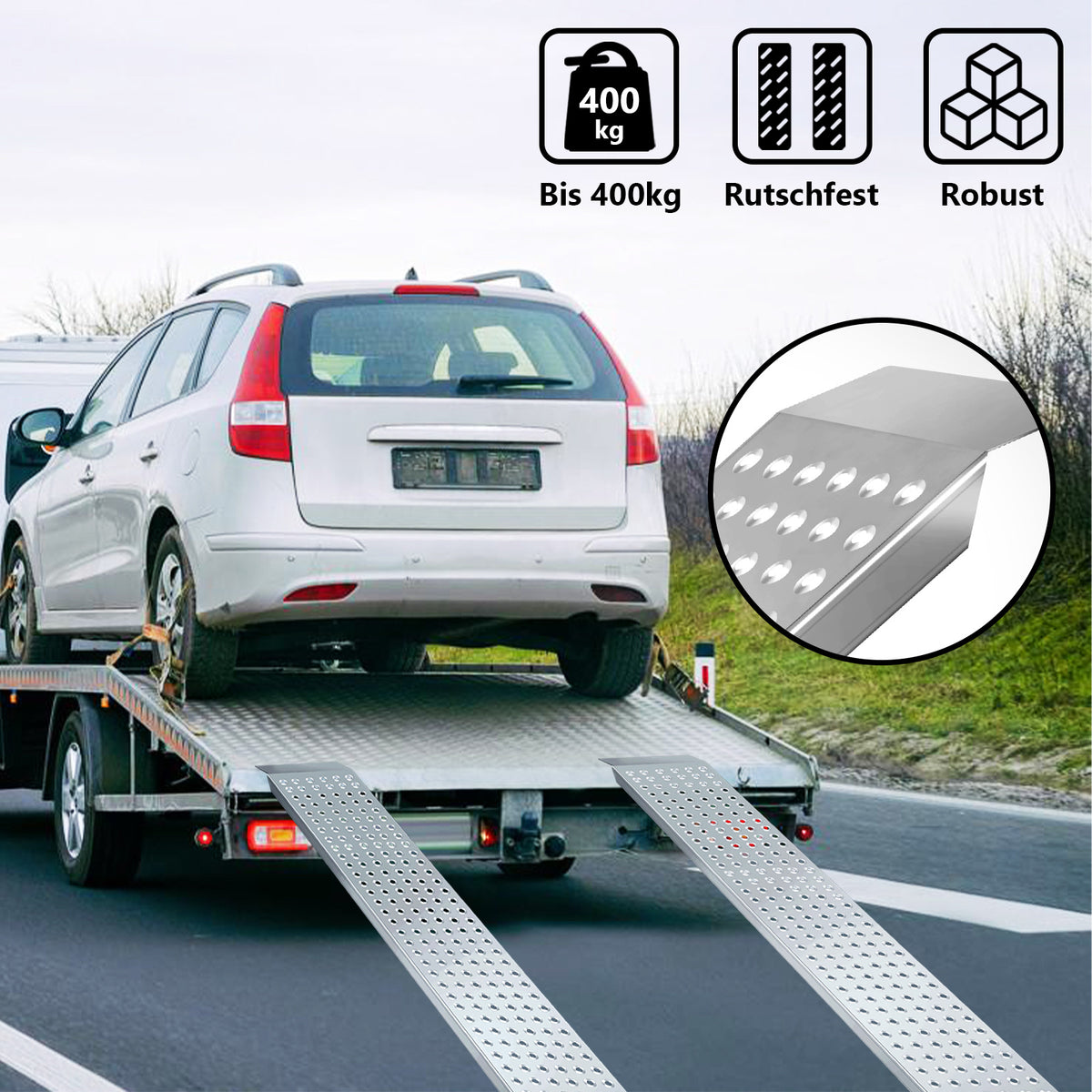 2er Set Auffahrrampen 160 cm aus verzinktem Stahl – bis 400 kg pro Paar
