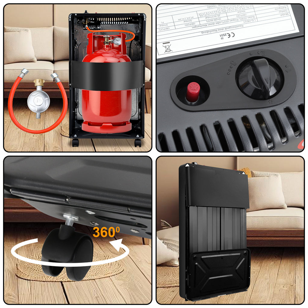 Gas-/Elektroheizung 4200 W mit 3 Stufen – Gasheizer mit Piezo-Zündung, 1260 W Elektroheizung und Rollen