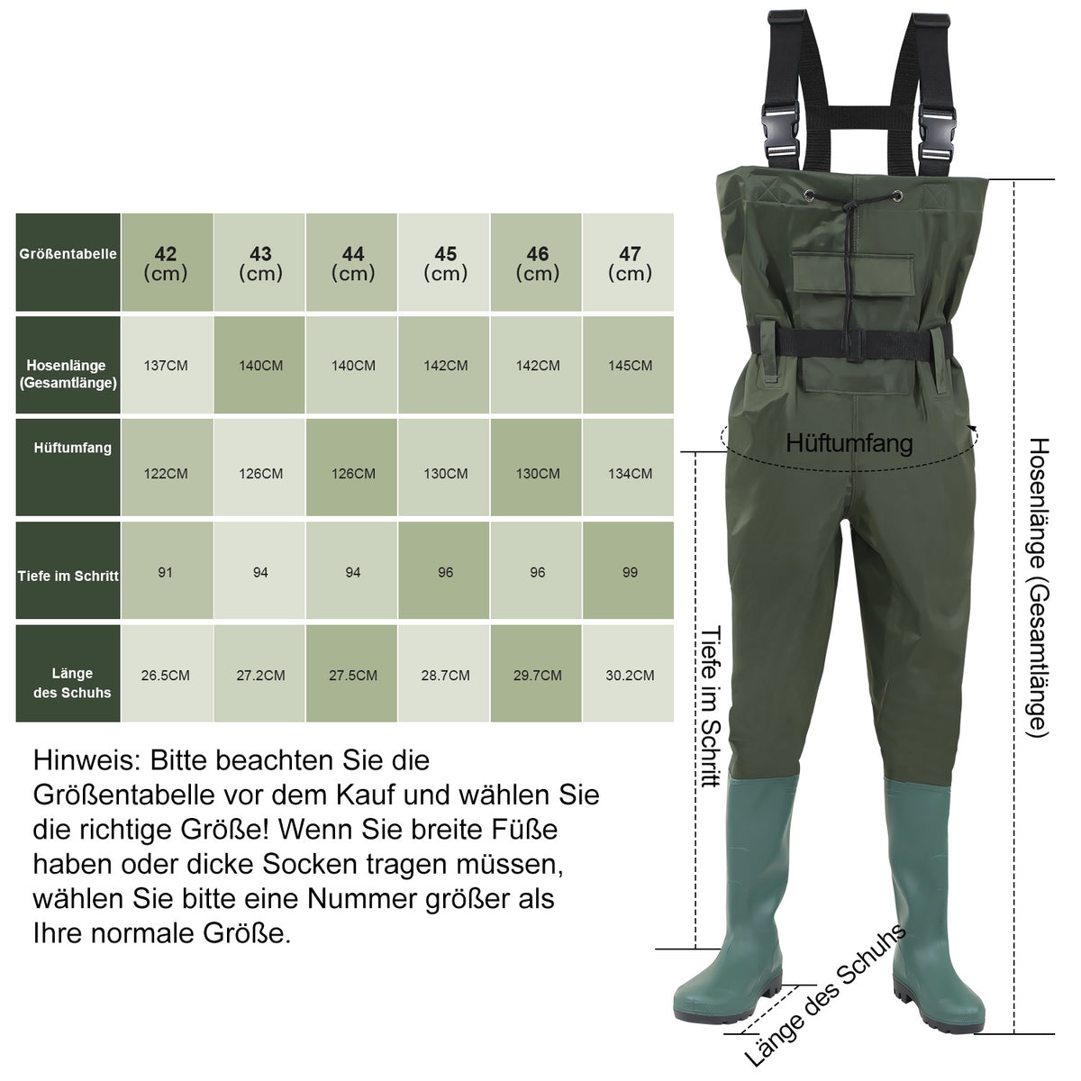 Cecaylie Wathose mit Stiefeln, Brustwathose 70D Nylon-PVC, Anglerhose Grün, EU 42–47