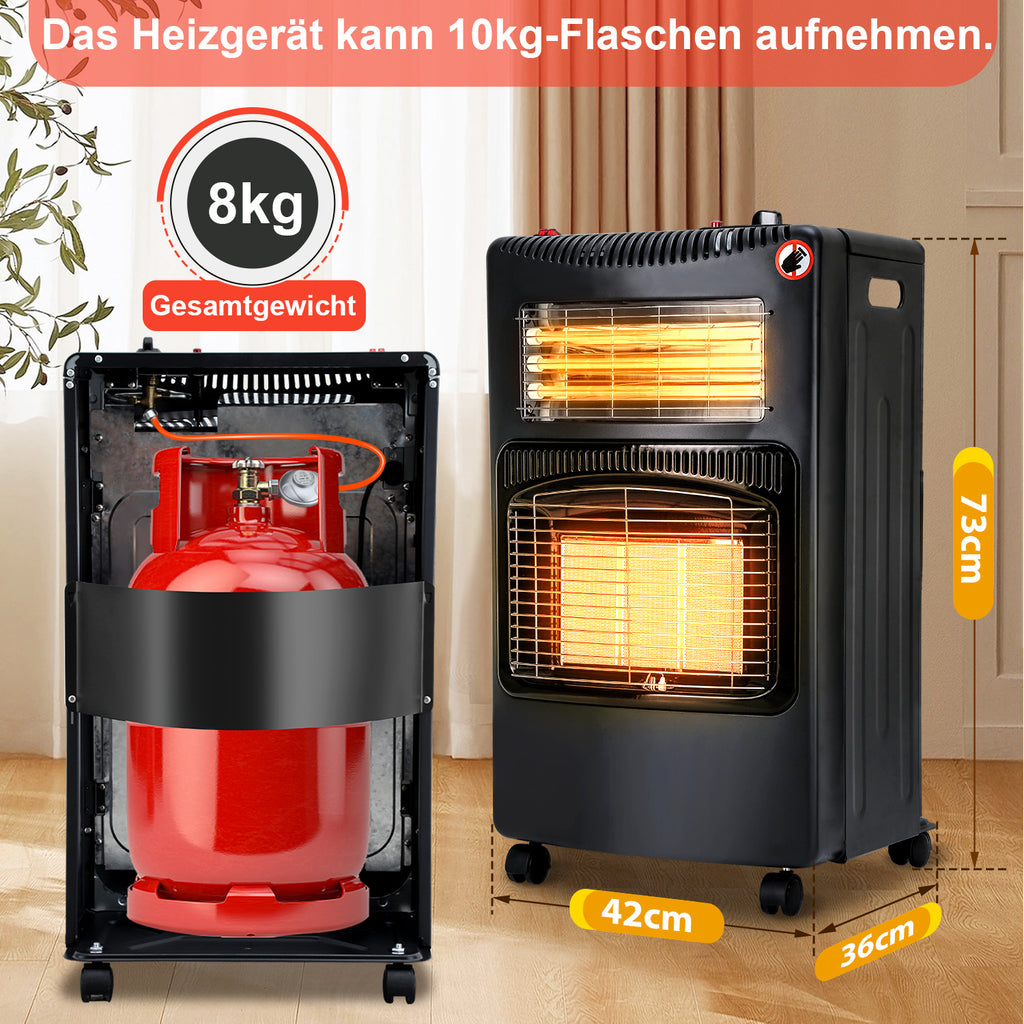 Gas-/Elektroheizung 4200 W mit 3 Stufen – Gasheizer mit Piezo-Zündung, 1260 W Elektroheizung und Rollen