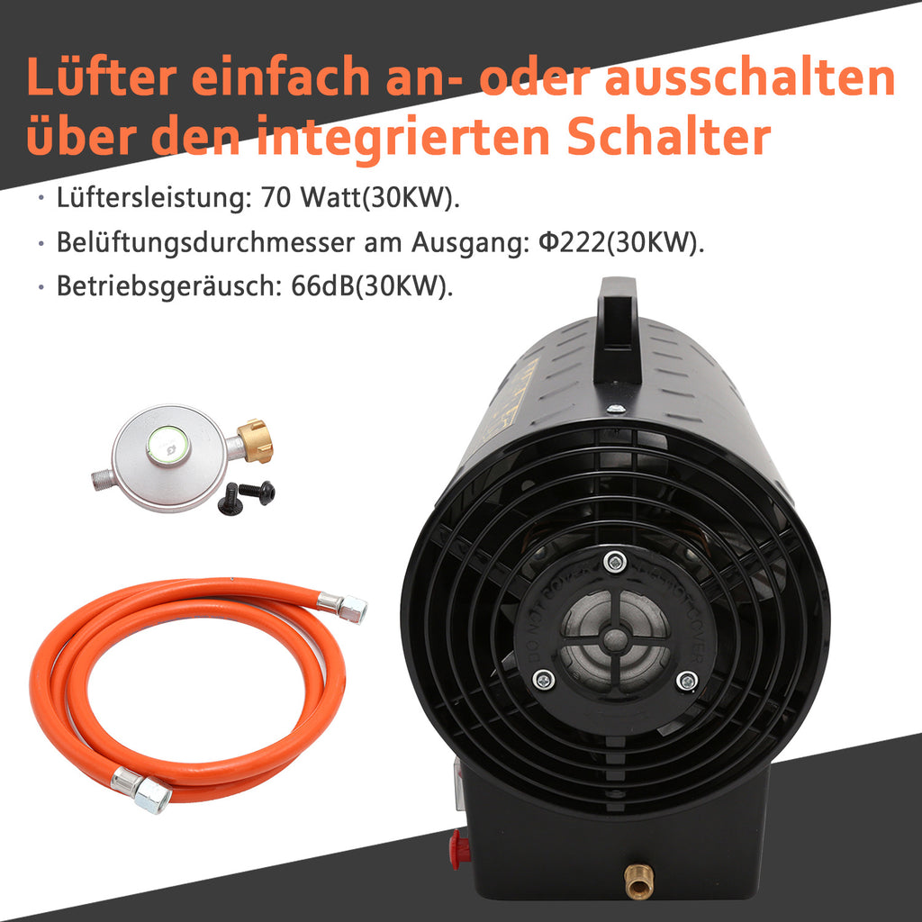 Gasheizgebläse 10/15/30 kW mit Gasschlauch & Druckminderer