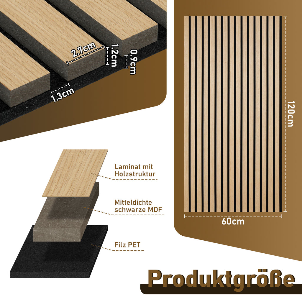 Akustikpaneele 120 × 60 cm mit Holzlamellen – 1–8 Stück