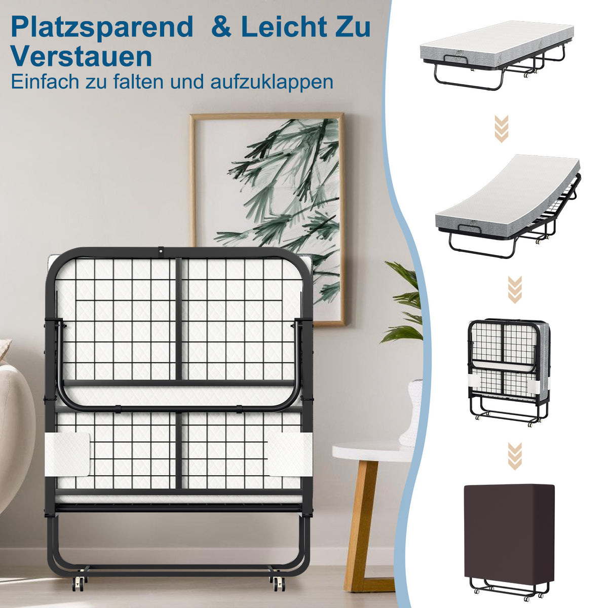 Cecaylie Klappbett 90x200 cm mit 13 cm Matratze, Gästebett faltbar mit Rollen, bis 200 kg