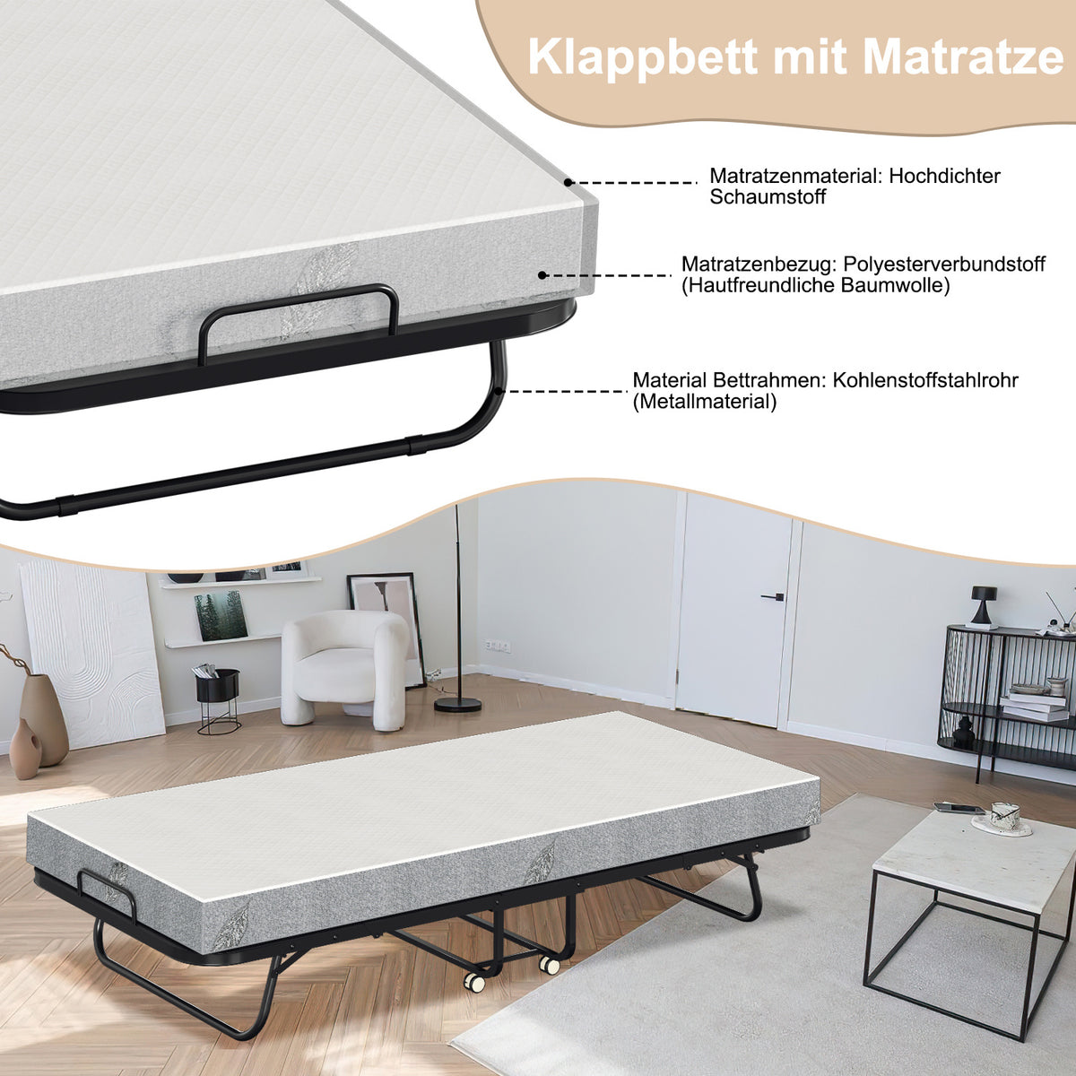 Cecaylie Klappbett 90x200 cm mit 13 cm Matratze, Gästebett faltbar mit Rollen, bis 200 kg