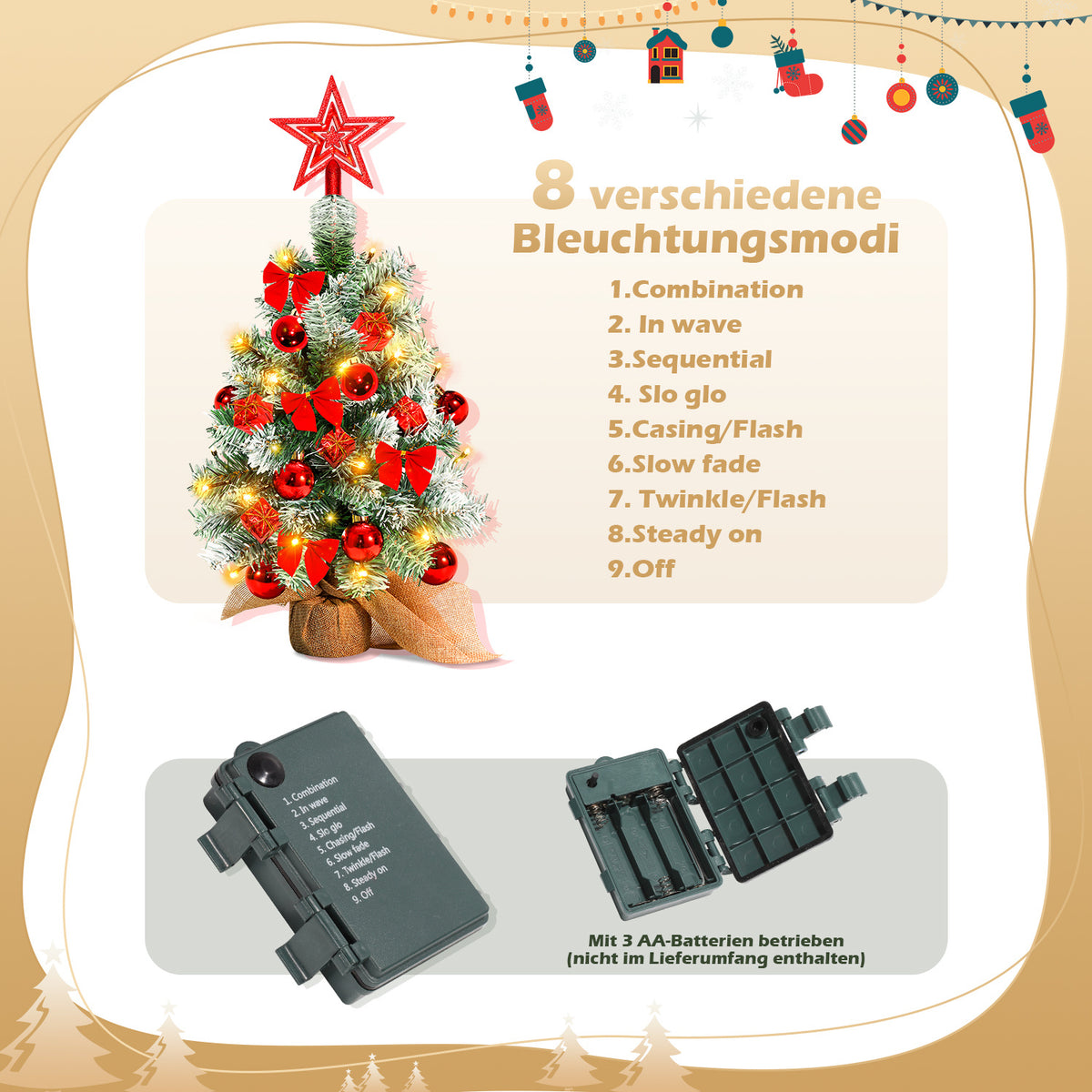 Mini-Weihnachtsbaum 40 cm mit 30 LEDs & 18 Ornamenten