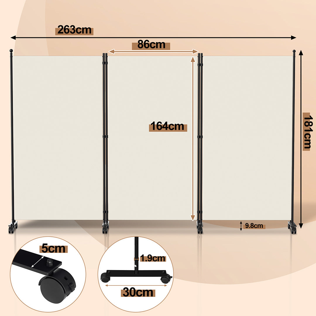 Cecaylie Paravent mit Rollen, faltbarer Raumteiler 181 cm hoch, mobiler Sichtschutz mit Bremsen