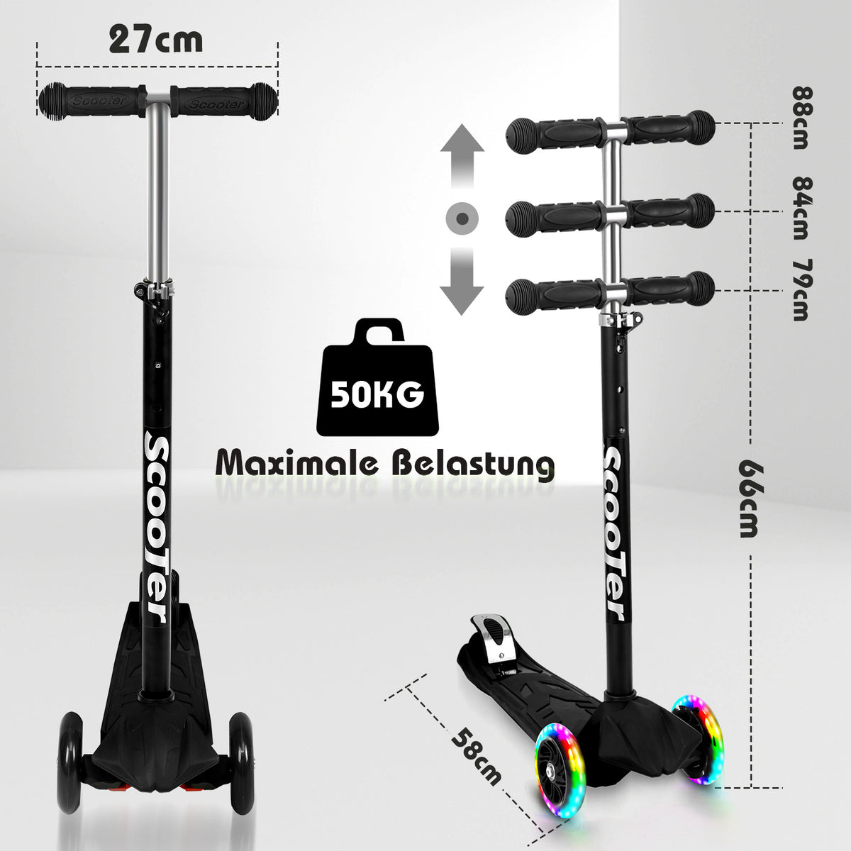 Cecaylie Dreirad-Scooter mit LED-Rädern, höhenverstellbar – 4 Farben