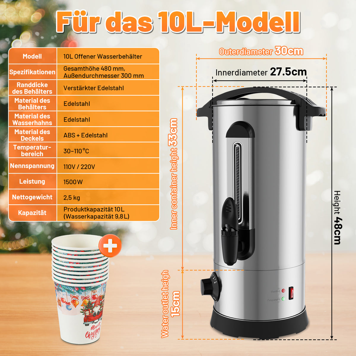 Cecaylie Glühweinkocher 8/10 L aus Edelstahl mit Zapfhahn & Thermostat