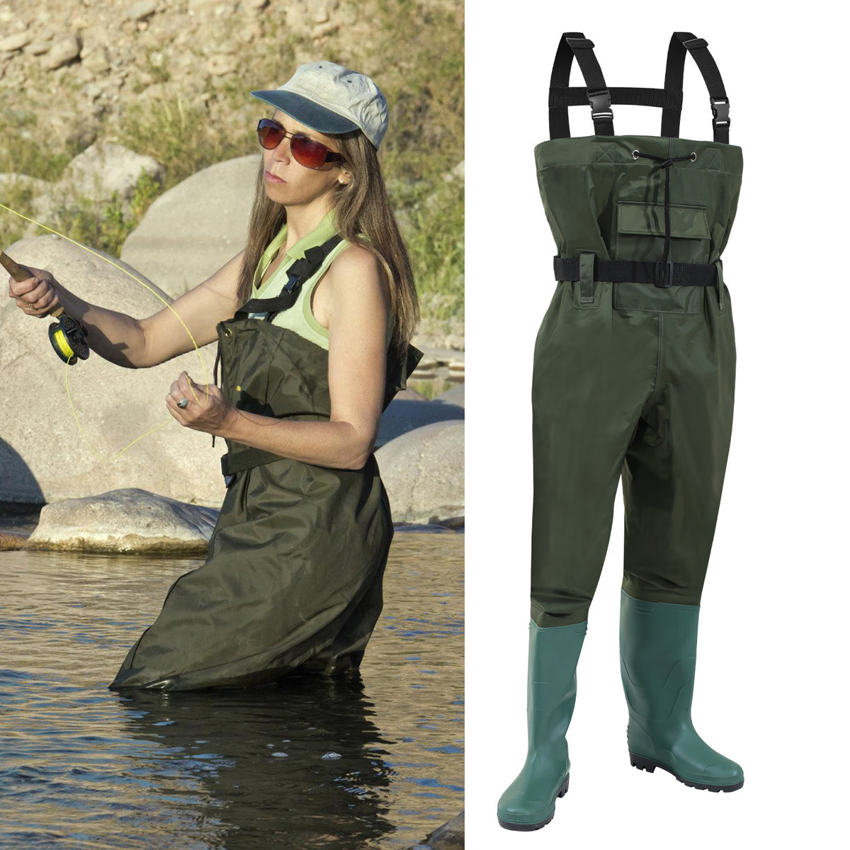 Cecaylie Wathose mit Stiefeln, Brustwathose 70D Nylon-PVC, Anglerhose Grün, EU 42–47