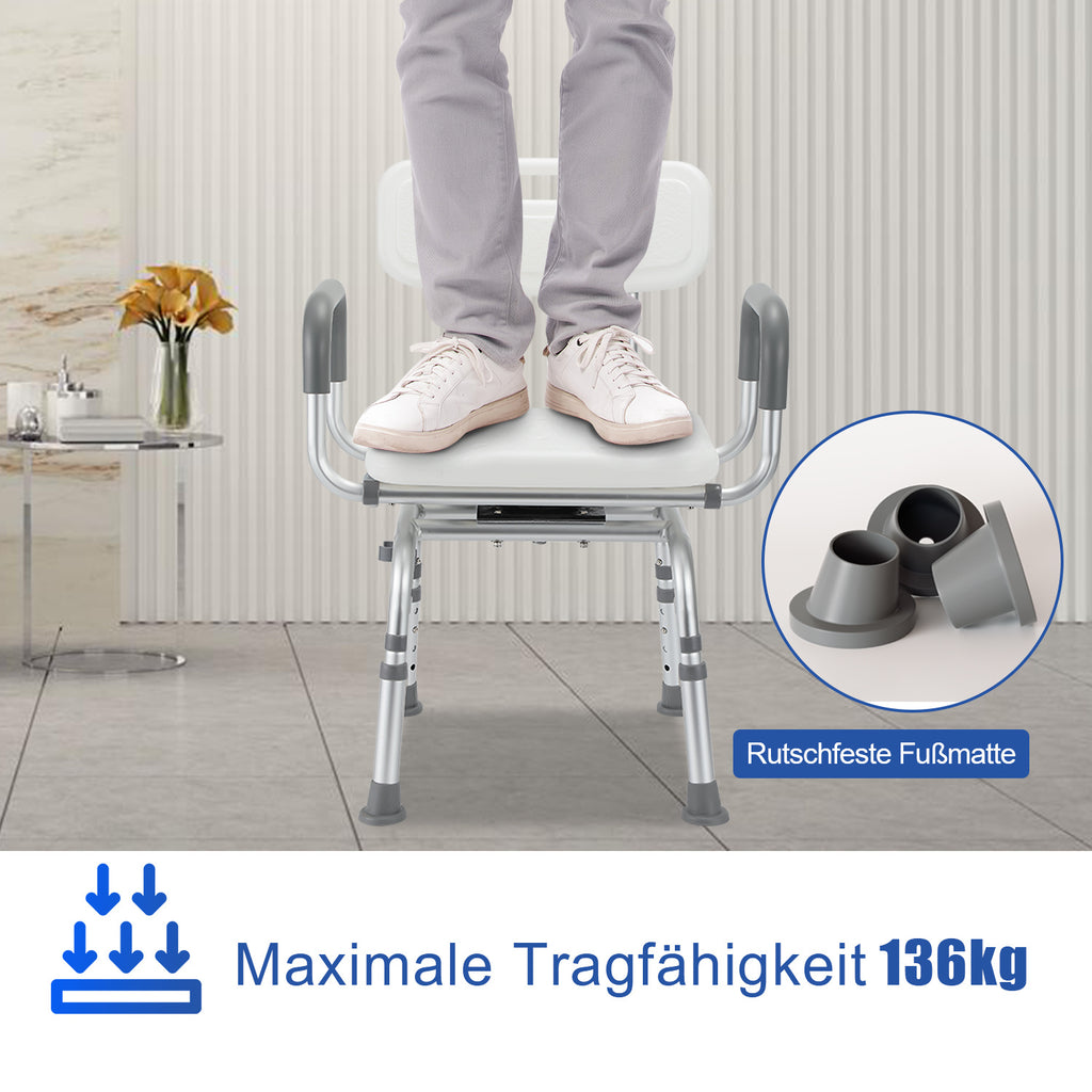360° drehbarer Duschstuhl mit Armlehnen – 40–48 cm, bis 136 kg