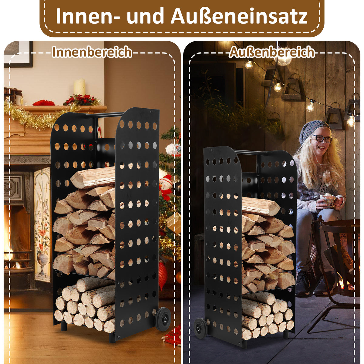 Kaminholzwagen mit Rädern – Brennholz Transportwagen bis 60 kg für Kamin und Ofen