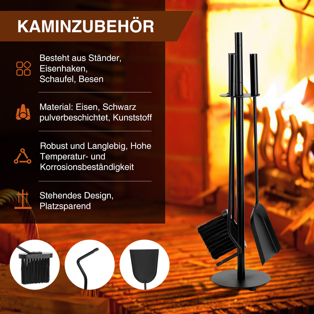 3-teiliges Kaminbesteck mit Ständer, Feuerzange, Schaufel & Besen