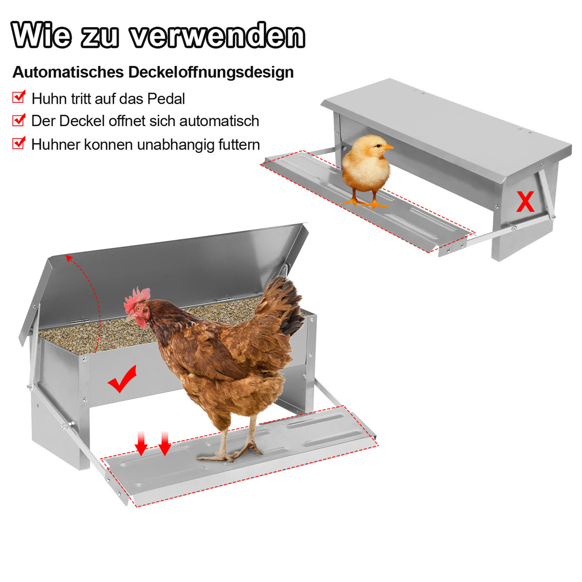 Geflügelfutterautomat mit Fußplatte zum Öffnen des Futterbereichs