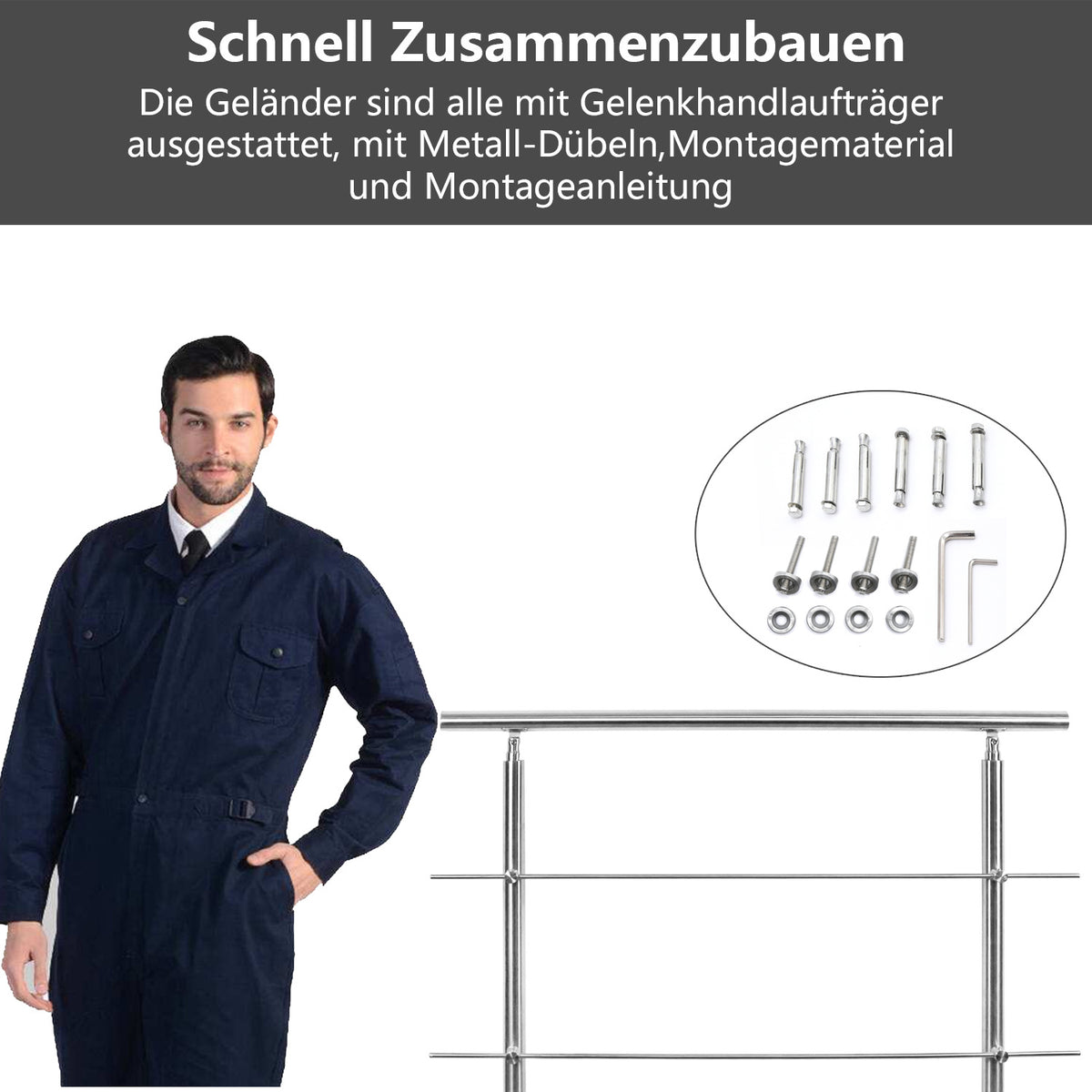 Cecaylie Edelstahl Treppengeländer 80–180 cm, Handlauf aus Edelstahl 201, verschiedene Querstreben