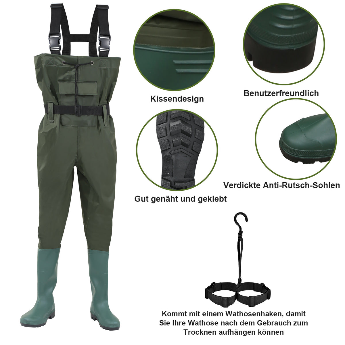 Cecaylie Wathose mit Stiefeln, Brustwathose 70D Nylon-PVC, Anglerhose Grün, EU 42–47