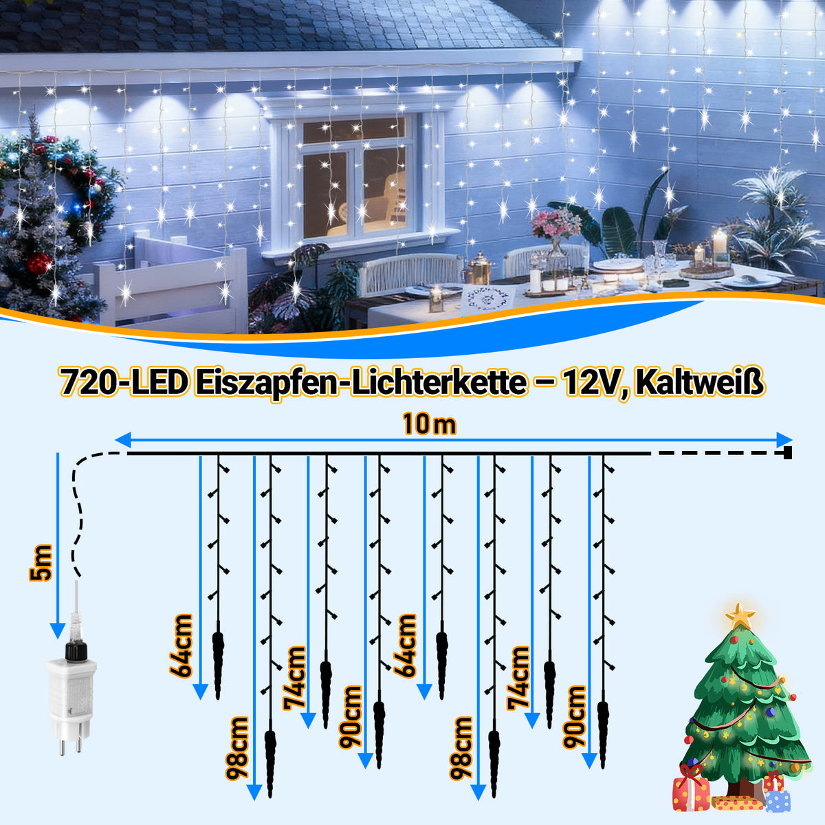 LED Eisregen Lichterkette 720 LED Weihnachtsbeleuchtung