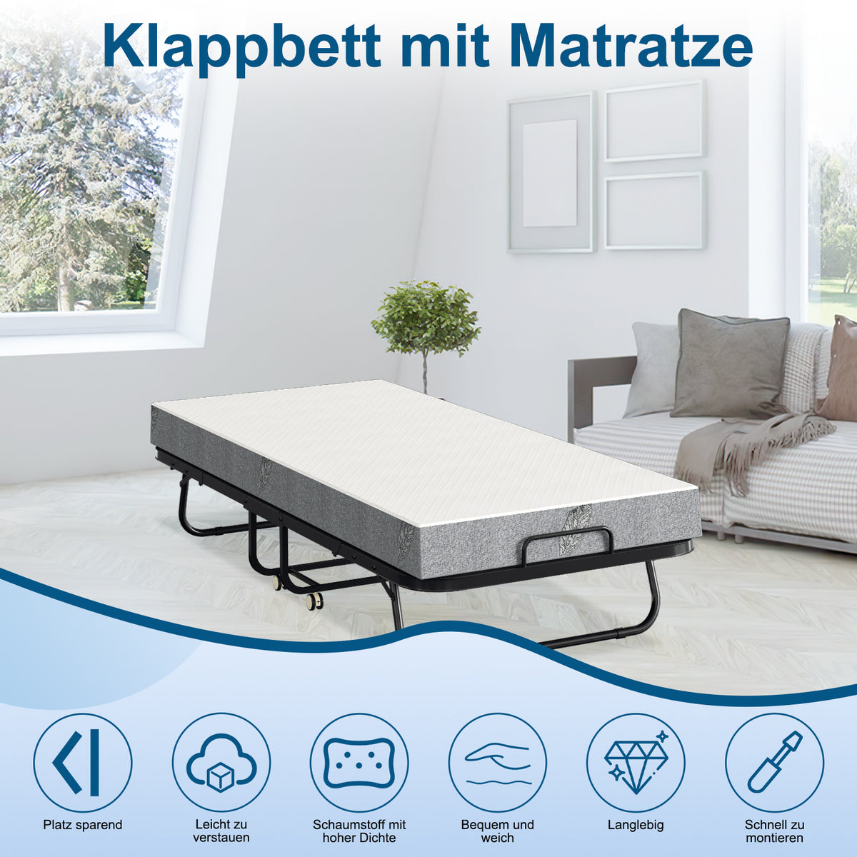 Cecaylie Klappbett 90x200 cm mit 13 cm Matratze, Gästebett faltbar mit Rollen, bis 200 kg