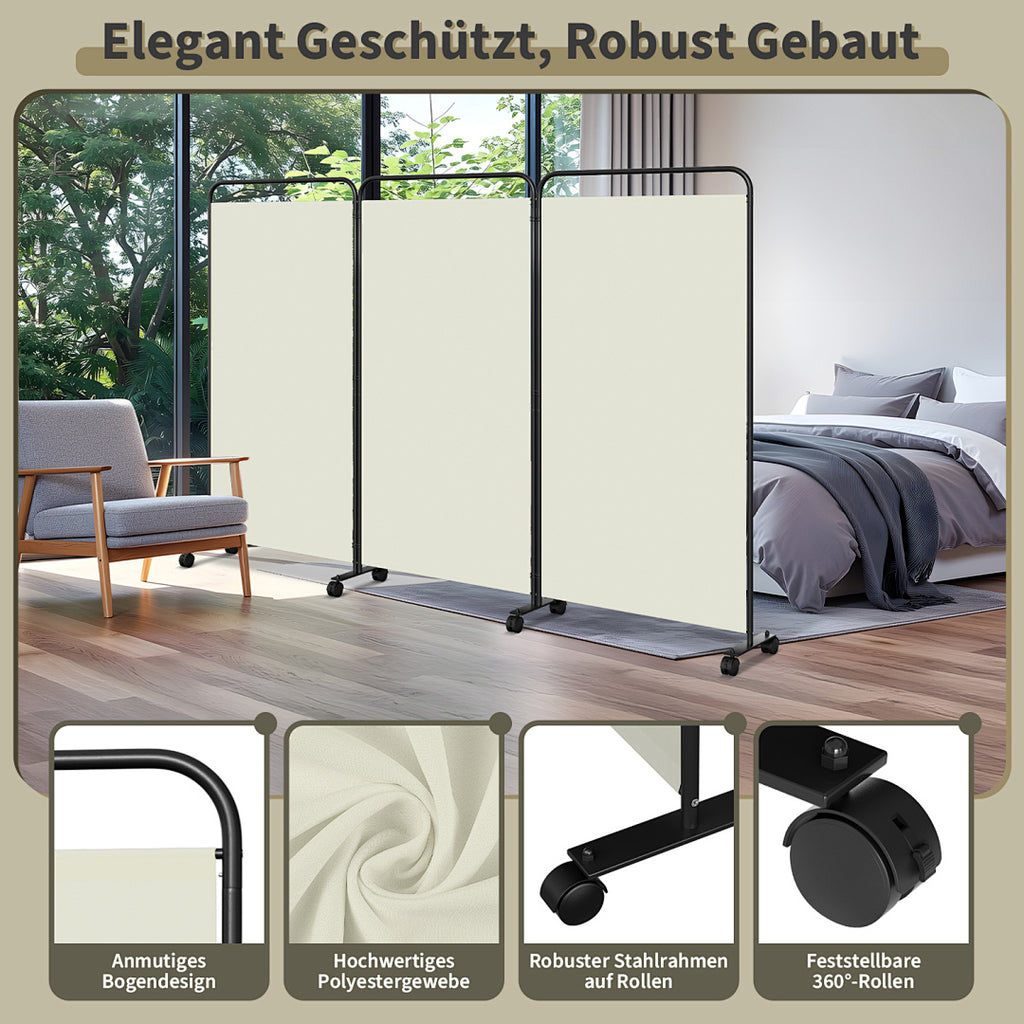 Cecaylie Paravent mit Rollen, faltbarer Raumteiler 180 cm hoch, Sichtschutz mit Bremsen, 4 Größen
