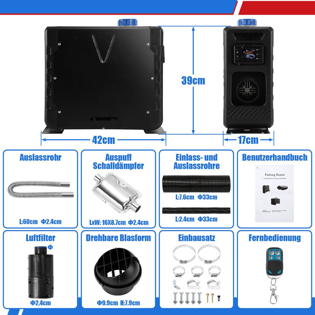 Diesel-Standheizung 8 kW 12–24 V mit Bluetooth, App, LCD & Fernbedienung