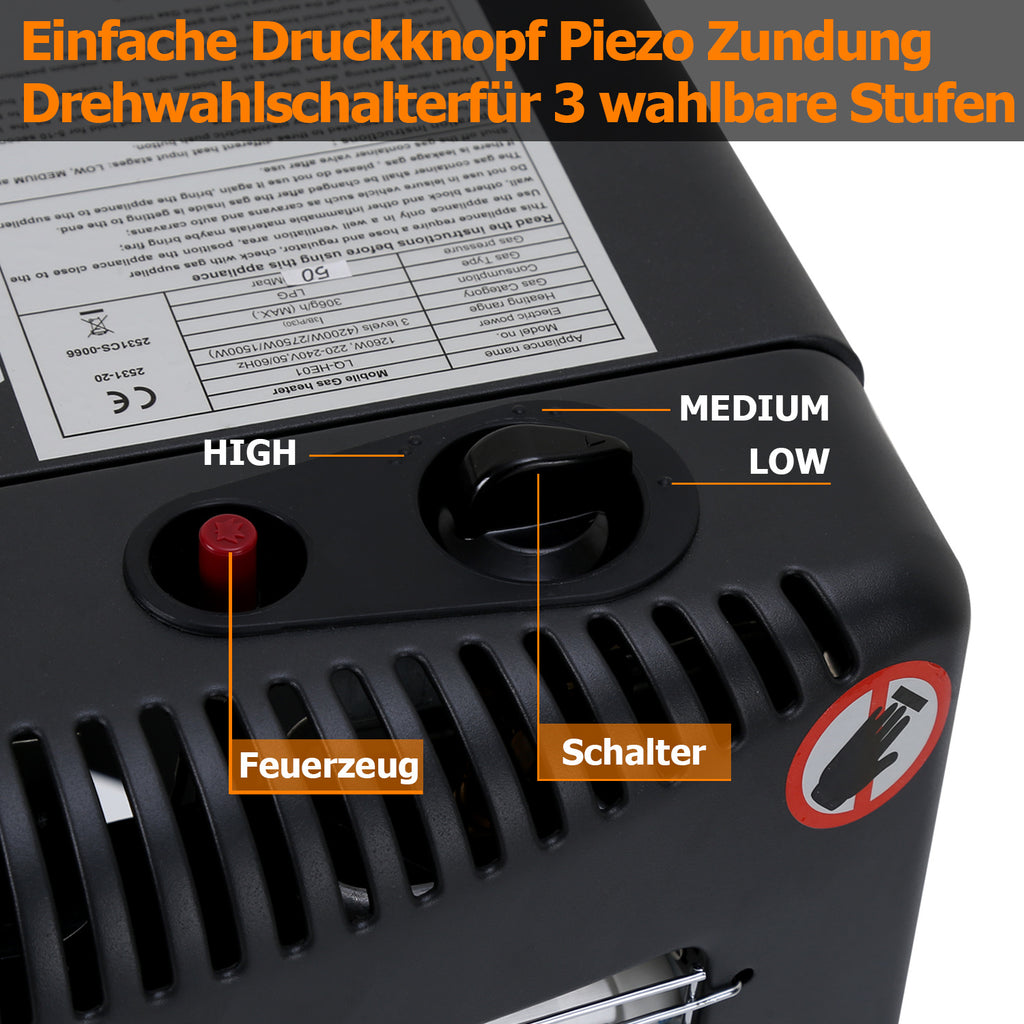 Gas-/Elektroheizung 4200 W mit 3 Stufen – Gasheizer mit Piezo-Zündung, 1260 W Elektroheizung und Rollen