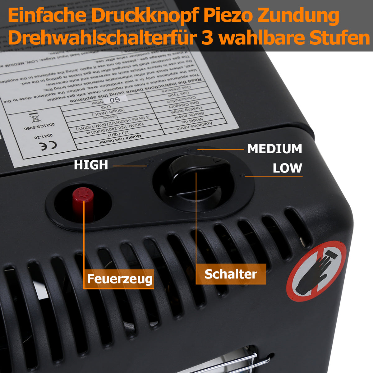 Gas-/Elektroheizung 4200 W mit 3 Stufen – Gasheizer mit Piezo-Zündung, 1260 W Elektroheizung und Rollen