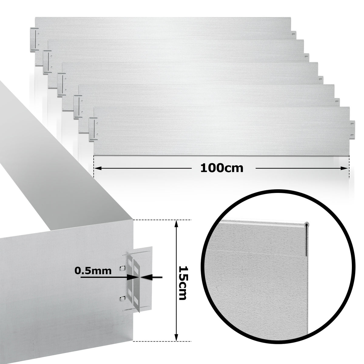 Rasenkante aus verzinktem Metall 15/18 cm hoch – 5–50 m, Silber oder Schwarz