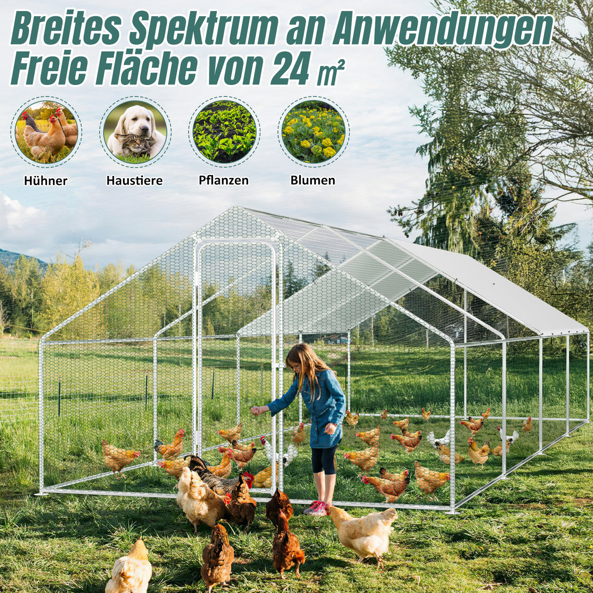 Cecaylie Hühnerauslauf mit Dach, 6–24 m², Stahlrahmen, Geflügelgehege mit Tür