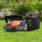 Schwarze Mähroboter Garage für Rasenroboter im Garten