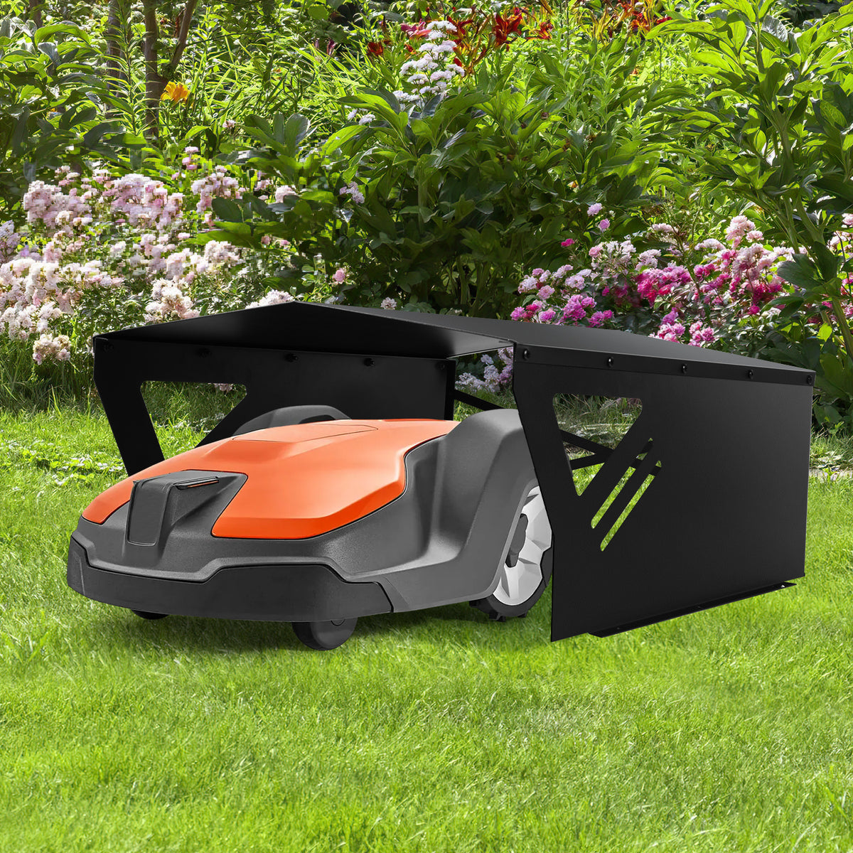 Schwarze Mähroboter Garage für Rasenroboter im Garten