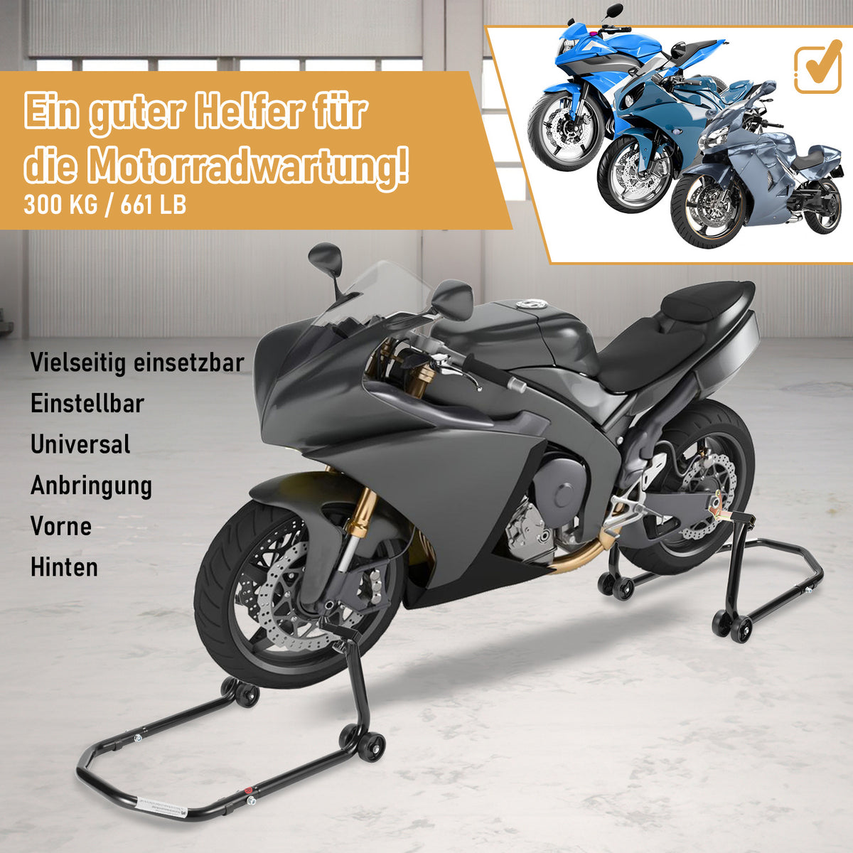 2er Set Motorrad-Montageständer vorne & hinten, verstellbar bis 300 kg