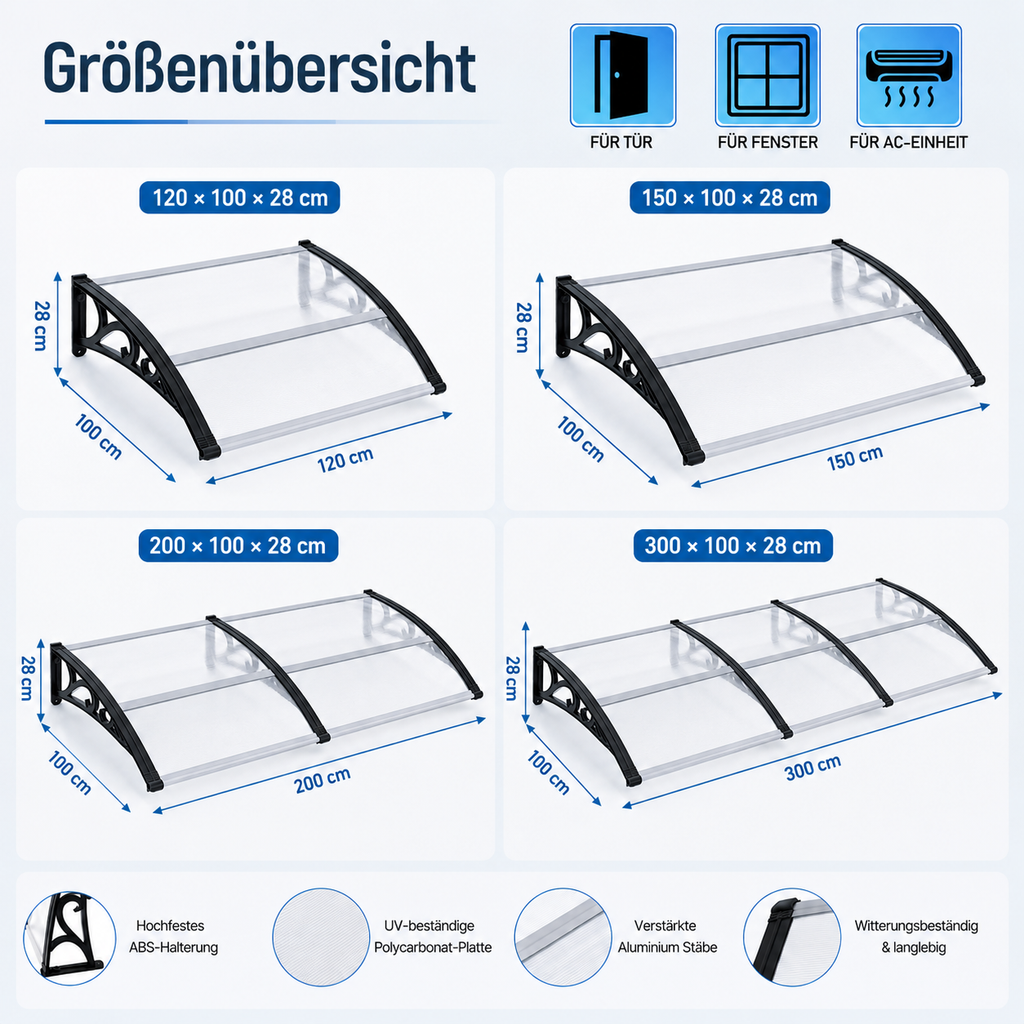 Türvordach Terrasse aus Polycarbonat  120cm–300cm, transparente Überdachung