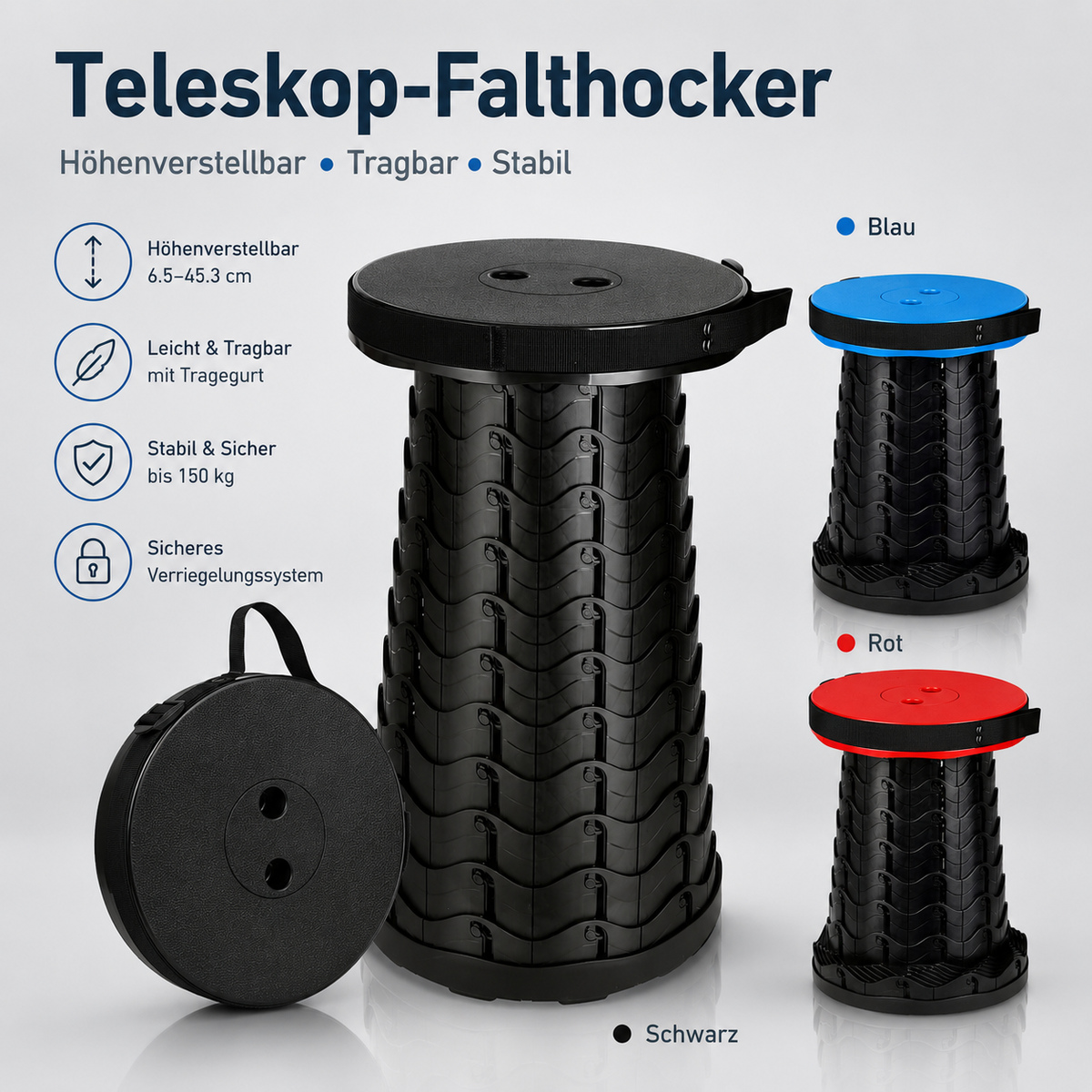 Höhenverstellbarer Campinghocker faltbar bis 150 kg mit Tragegurt