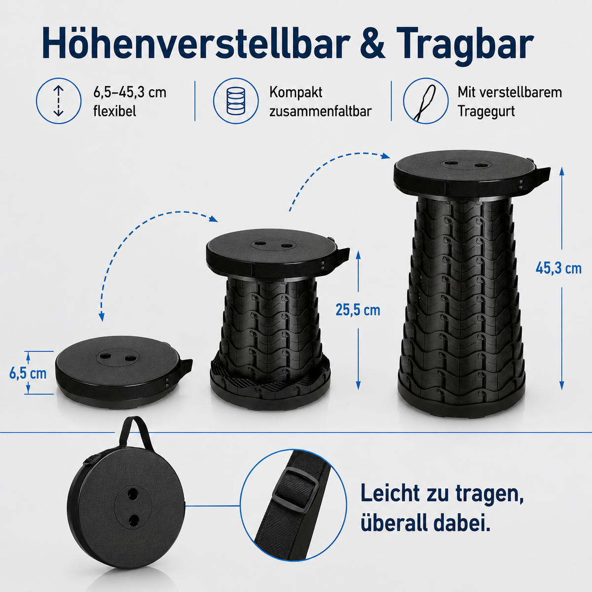 Höhenverstellbarer Campinghocker faltbar bis 150 kg mit Tragegurt