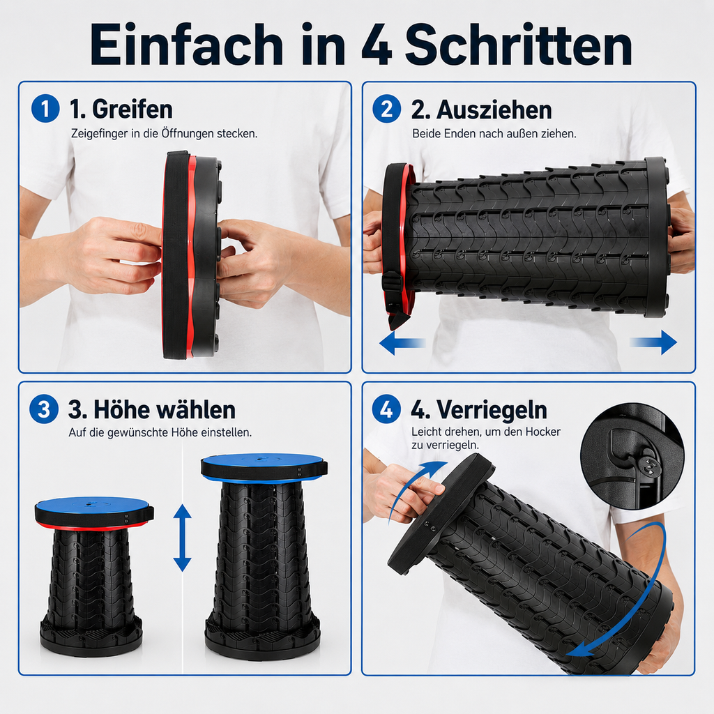 Höhenverstellbarer Campinghocker faltbar bis 150 kg mit Tragegurt