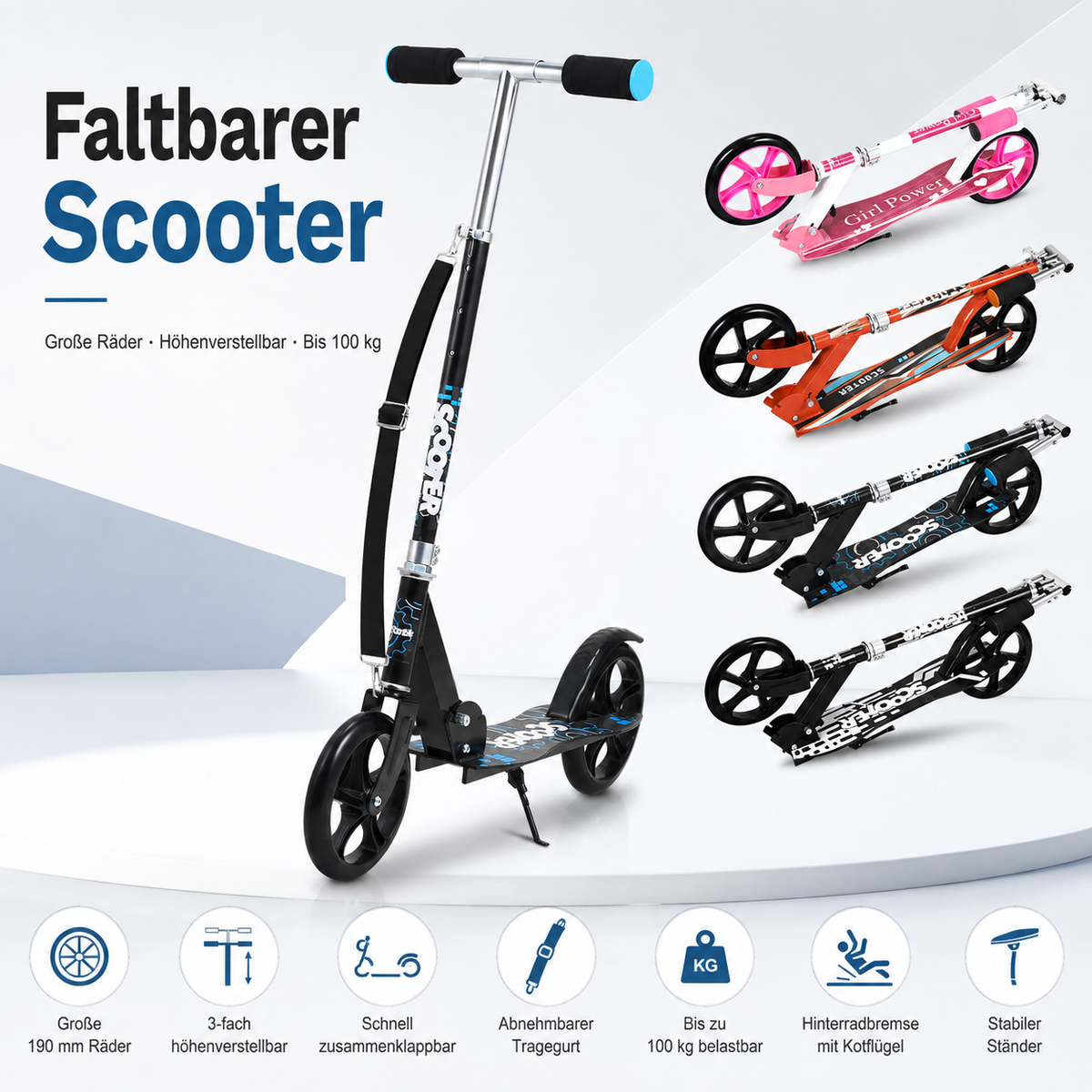 Kinderroller klappbar mit höhenverstellbarem Lenker, ABEC-7 Kugellager, bis 100 kg