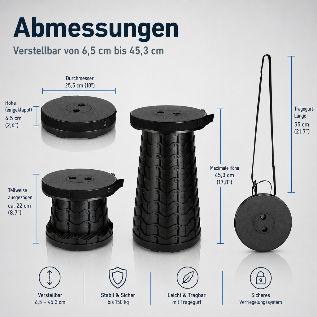 Höhenverstellbarer Campinghocker faltbar bis 150 kg mit Tragegurt