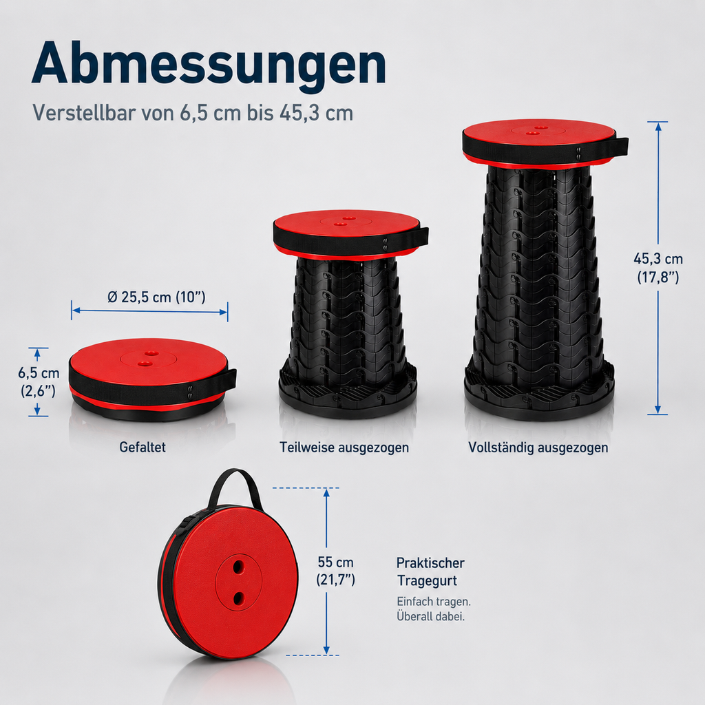 Höhenverstellbarer Campinghocker faltbar bis 150 kg mit Tragegurt