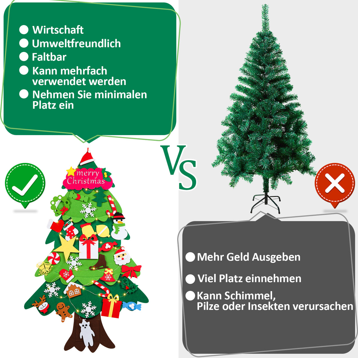 DIY Filz-Weihnachtsbaum 105 cm mit 33 Ornamenten & 30 LEDs