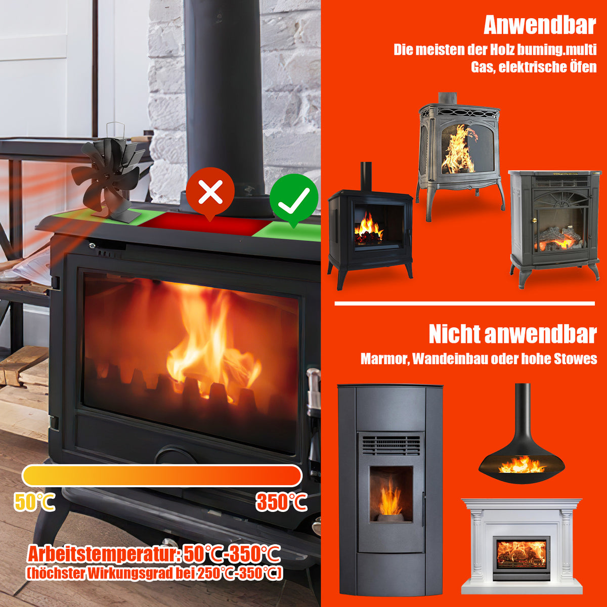 Cecaylie Kaminventilator mit 6 Flügeln, wärmebetrieben für Holzofen & Kaminofen